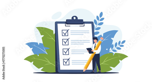 Dedicated professional meticulously checks off important tasks on a large clipboard with a giant pencil, symbolizing productivity and goal achievement in a modern setting