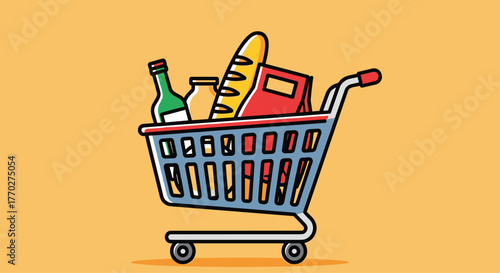 Stock up on essentials with this vibrant, fully loaded shopping cart illustration, perfect for grocery and retail themes