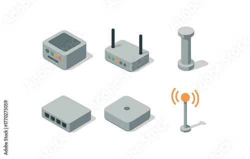 isometric icon items isolated on white background center control hub center focal plane center router switch center support column center access node center beacon transmitter