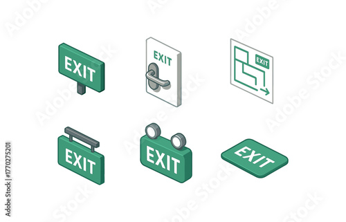 isometric icon items isolated on white background exit signboard panel exit door handle exit route map exit corridor indicator exit emergency light exit threshold mat