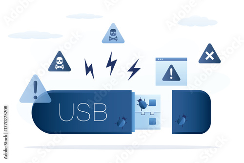 USB flash with viruses and trojans. Malware are secretly hidden in usb drive make problem to computer and data file. Hacker virus attack, data stealing, ransomware.