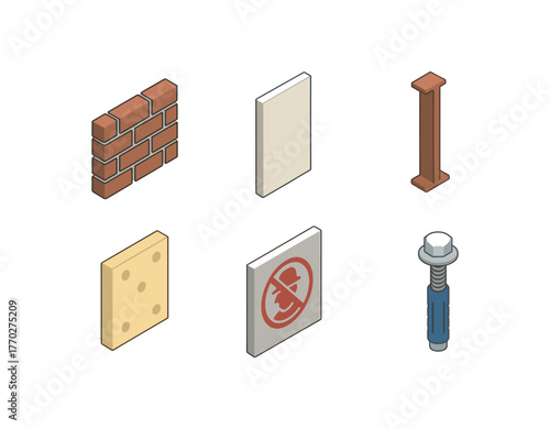 isometric icon items isolated on white background brick veneer tile drywall sheet support beam insulation foam panel graffiti stencil anchor bolt