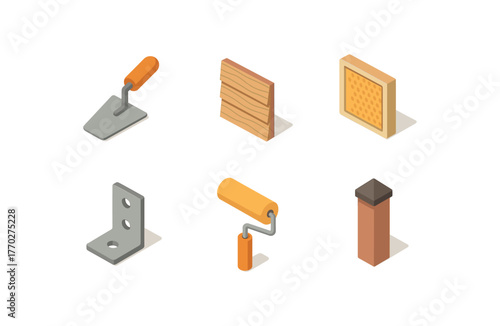 isometric icon items isolated on white background plaster trowel cladding panel soundproof board mounting bracket paint roller fence post