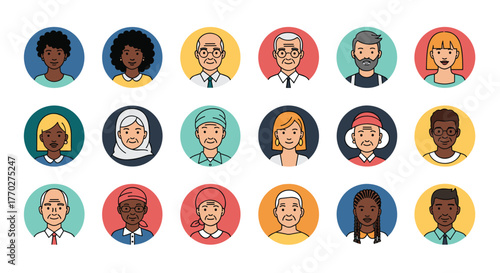 Diverse group of people portraits showcasing age, ethnicity, and gender in colorful circular avatars for modern communication