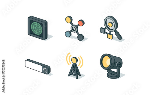 isometric icon items isolated on white background search radar screen search node tracker search engine algorithm search query bar search beacon transmitter search spotlight lamp