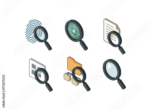 isometric icon items isolated on white background search fingerprint dust search sonar ping module search data index search pattern matcher search directory tree search magnifying lens