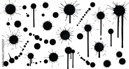 Ink splatter set, black drips, abstract blotches, vector texture, grunge elements, paint splash, messy design, graphic assets, isolated stains