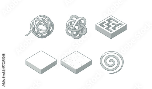 isometric icon items isolated on white background confusion tangled thread confusion snarl node confusion maze pattern confusion blur filter confusion noise overlay confusion vortex swirl