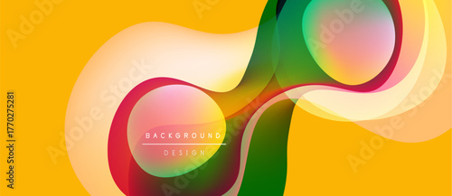 Abstract colorful waves, dynamic shapes, modern design. Yellow, red, green hues create vibrant composition. Smooth gradients, flowing forms.