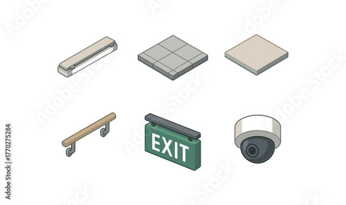 isometric icon items isolated on white background corridor fluorescent light corridor tile floor corridor ceiling panel corridor handrail bar corridor exit sign corridor security camera