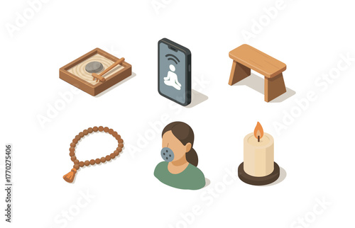 isometric icon items isolated on white background meditation zen garden tray meditation guided audio app meditation posture stool meditation mala necklace meditation breathing coach