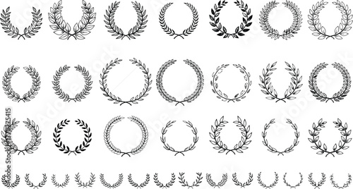 Laurel wreath collection, victory symbols, award elements, black and white vector, achievement icons, honor design, classic emblem, graphic set