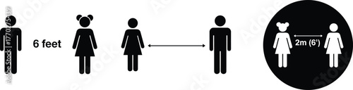Social distancing icons, safety symbols, 6 feet guideline, COVID-19 vector, health awareness, people spacing, black silhouette, infographic design