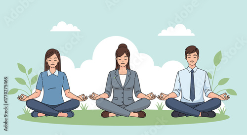 Professionals find inner peace meditating outdoors, embracing tranquility amidst busy work lives for ultimate balance and focus