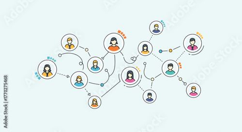 Dynamic network connecting diverse people in modern abstract design, visualizing collaboration and communication