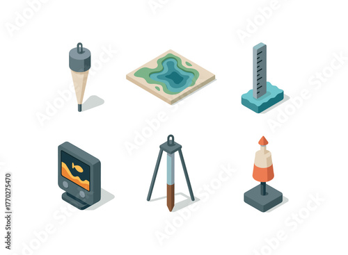 isometric icon items isolated on white background sea plankton sampler sea reef topography map sea tide gauge sea sonar scanner sea sediment corer sea navigation beacon