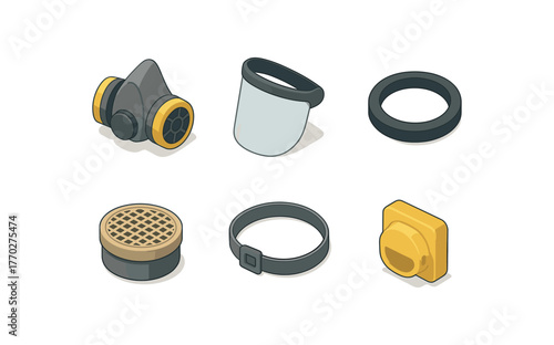 isometric icon items isolated on white background mask respirator filter mask face shield visor mask gasket seal ring mask filter cartridge mask head strap band mask exhalation valve flap