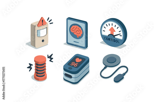 isometric icon items isolated on white background fear sensor fear scan fear cortisol spike meter fear tremor coil fear pulse oximeter fear GSR pad