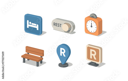 isometric icon items isolated on white background rest area sign rest mode switch rest break timer rest haven bench rest point beacon rest zone marker