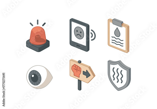 isometric icon items isolated on white background fear warning siren fear voice tremor analyzer fear sweat gland monitor fear pupil dilation sensor fear fight flight marker fear tremor
