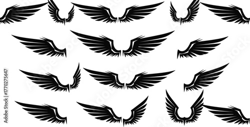 Wing icon set, black vector wings, symmetrical feather design, graphic elements, tattoo style, flight symbol, freedom, power, abstract