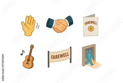 isometric icon items isolated on white background farewell wave gesture farewell handshake motif farewell goodbye card farewell parting song farewell send off banner farewell exit beam