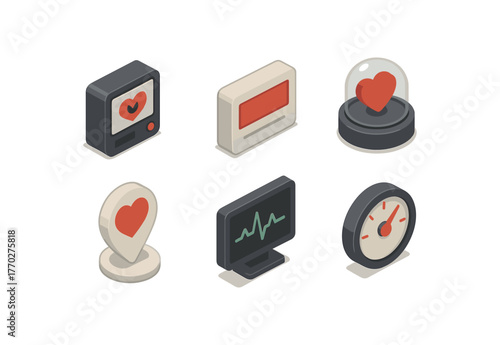 isometric icon items isolated on white background life echo loop recorder life vitality indicator life reactor life proliferation marker life heartbeat monitor life rhythm gauge
