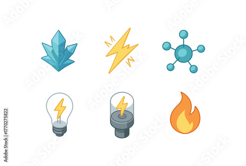 isometric icon items isolated on white background spark crystal fractal spark static discharge spark microplasma node spark bulb spark ionization gauge spark flame kernel