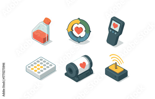 isometric icon items isolated on white background life cell culture flask life cycle chart life force meter life viability assay life support module life energy field sensor