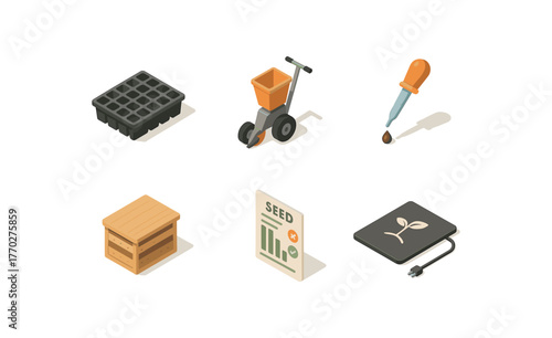 isometric icon items isolated on white background seedling tray module seed drill planter seed inoculation pipette seed stratification box seed viability chart seed propagation mat