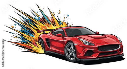 Dynamic red sports car speeds forward with explosive fiery energy, capturing thrilling motion and power