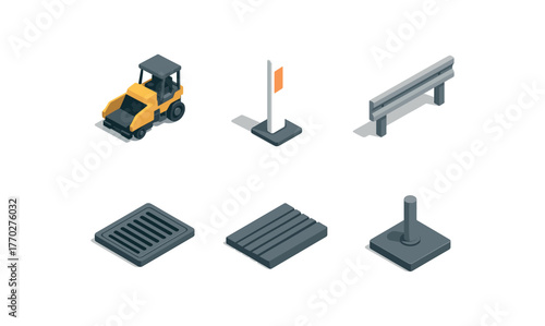 isometric icon items isolated on white background road asphalt paver road lane marker post road guardrail segment road drainage grate road expansion joint road signpost base