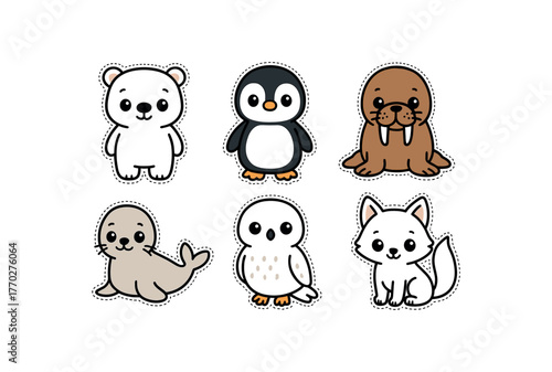cute arctic animals set with bold black outline and dotted border including polar bear walrus seal snowy owl and arctic fox simple details big round eyes minimal style isolated on white