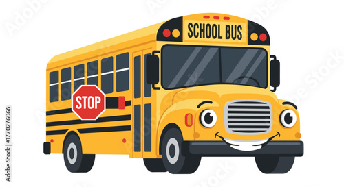 Cheerful cartoon school bus with friendly face ready to safely transport children on their educational journey