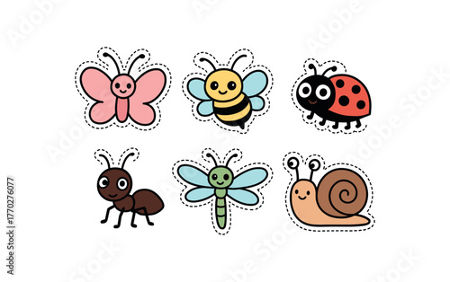 cute insect set with bold black outline and dotted border including butterfly bee ladybug dragonfly and snail simple details big round eyes minimal style isolated on white background