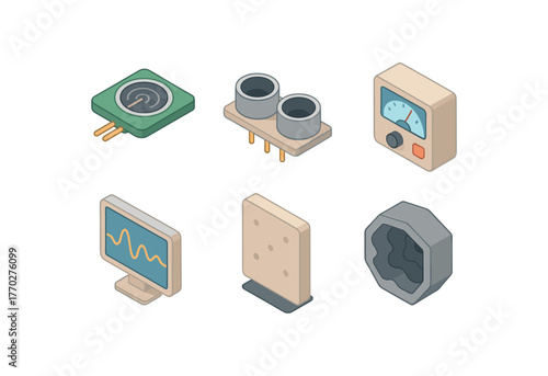 isometric icon items isolated on white background echo sonar ping module echo acoustic sensor echo time delay meter echo sound graph echo reflection panel echo echo chamber