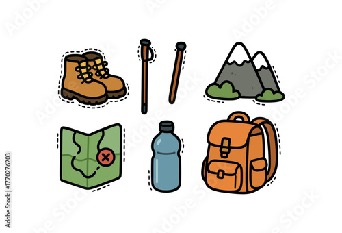 cute hiking set with bold black outline and dotted border including walking stick mountain map water bottle and backpack simple details minimal style isolated on white background