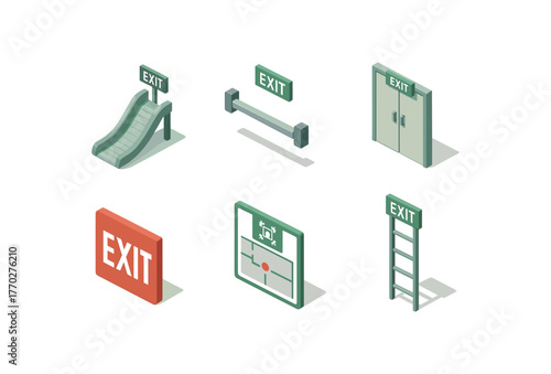 isometric icon items isolated on white background exit emergency slide exit panic bar exit vestibule door exit wayfinding decal exit muster point map exit escape ladder