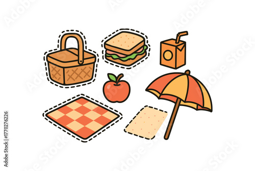 cute picnic set with bold black outline and dotted border including picnic basket sandwich juice box blanket and umbrella simple details minimal style isolated on white background