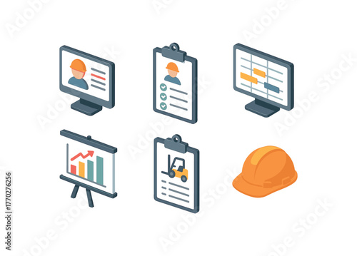isometric icon items isolated on white background warehouse manager dashboard warehouse manager clipboard warehouse manager scheduling software warehouse manager KPI board warehouse manager