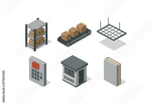 isometric icon items isolated on white background storage facility inventory shelf storage facility conveyor belt storage facility lighting grid storage facility alarm panel storage