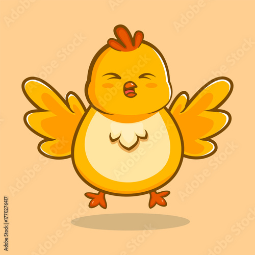 Cute yellow chick singing happily with open wings, perfect for music, children, or cheerful cartoon illustration.