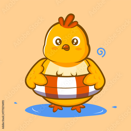 Funny yellow chick wearing a swimming float ring, perfect for summer, kids, or cartoon illustration concept.
