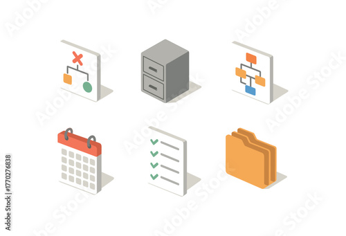 isometric icon items isolated on white background organization project plan organization filing cabinet organization flowchart diagram organization calendar scheduler organization task list