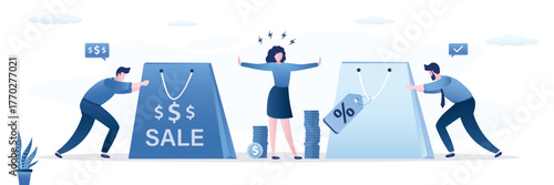 Businessmen sellers push large shopping bags to female buyer. Female character customer refuses to buy, stop shopping. Refusal of shopaholism and excessive consumption.