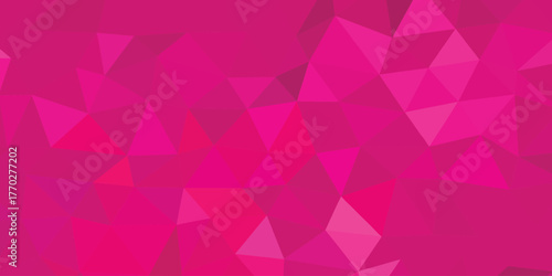 Geometric abstract background featuring a pattern of variously sized and shaped triangles in shades of magenta and pink. 