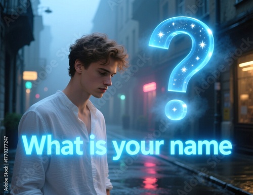 Young man in white shirt walks through a misty rainy street at night looking down as a sparkling blue question mark glows beside him with text asking what is your name