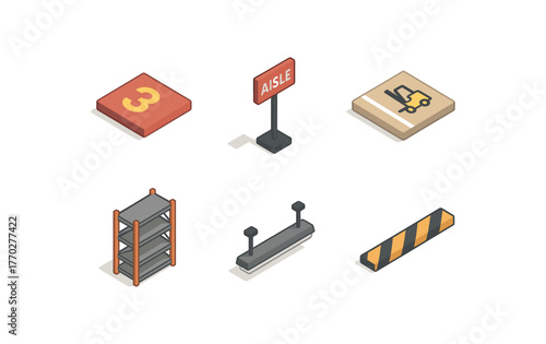 isometric icon items isolated on white background aisle floor marker aisle signage post aisle forklift lane aisle shelf unit aisle lighting fixture aisle safety