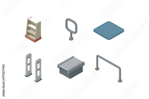 isometric icon items isolated on white background aisle cap display aisle grab handle aisle walkway mat aisle scanner gate aisle conveyor section aisle handrail bar