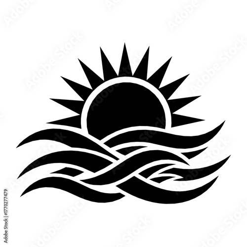 Stylized black and white vector illustration of sun rising over the ocean